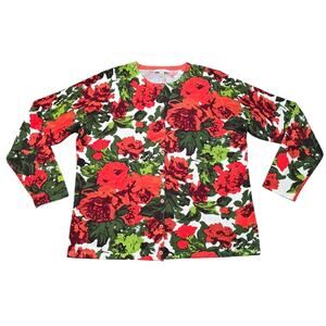 Isaac Mizrahi Live! Red & Green Floral Print Crew Neck Button Front Cardigan